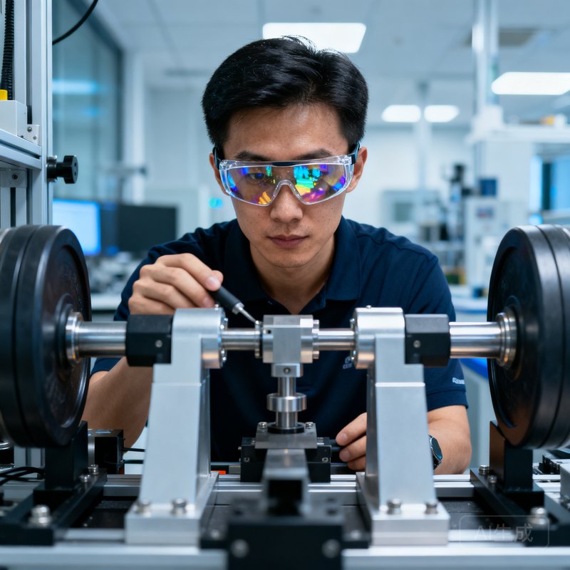 运动科学顾问孙晓彤在实验室调试力学测试设备，戴着防护眼镜